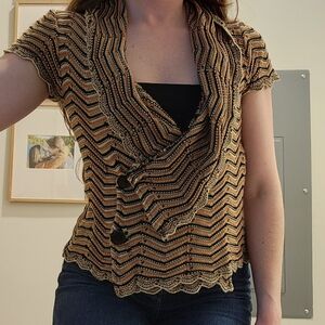 Black and Tan Zigzag Wrap Blouse 90s Y2K Style